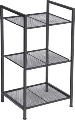 Image de Étagère à plantes modulable de style industriel, 3 niveaux, étagères réglables, noire, sur pied, en métal.