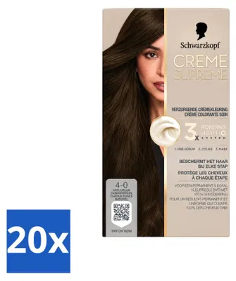 Immagine prodotto di 20 confezioni di Schwarzkopf Creme Supreme colorazione permanente per capelli, tonalità 4-0 Marrone scuro naturale, 245g ciascuna - Confezione vantaggiosa - 20 pezzi