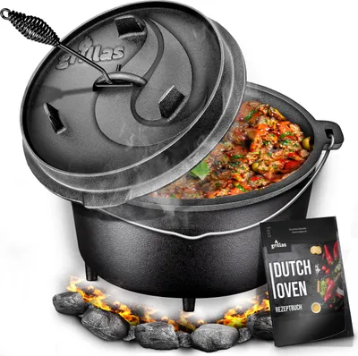 Produktbild von grillas® Dutch Oven Set 13,6 l / hrniec s nožičkami na zdvíhanie pokrievky BBQ liatinový hrniec na oheň liatinový kastról