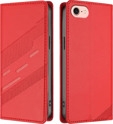 Produktbild von Hülle für iPhone SE 2020/2022/iPhone 8/7/6s/6, Kunstleder Brieftaschen Handyhülle mit Kartenfach und Standfunktion Rot