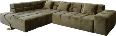 A sectional sofa in an olive green velvet fabric, shown against a white background.