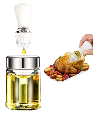 Productafbeelding van Glazen oliefles met siliconen borstel, 160 ml, druppelmodel. Oliefles met borstel en schaalverdeling, geschikt voor gebruik in de keuken, bij het barbecueën, bakken, marineren, braden en grillen. Oliefles met doseerfunctie