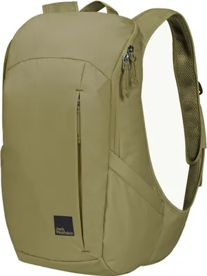 A tan backpack is shown against a white background.