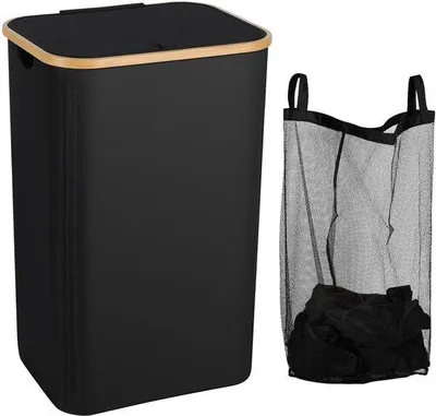 Image de Panier à linge en bambou avec couvercle, 100 L, noir