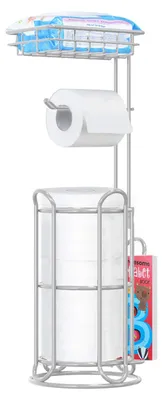 Image de Porte-papier toilette sur pied avec tablette supplémentaire, argenté, 16,5 × 61 cm