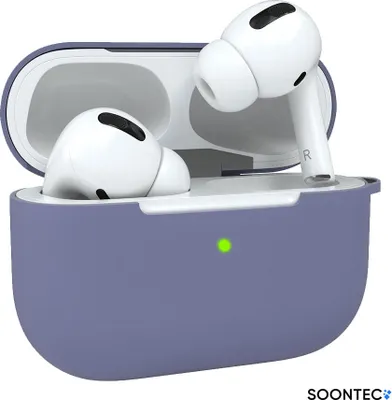 A pair of white AirPods Pro earbuds are shown inside a purple protective case. The case is open, revealing the interior and the earbuds. A small green light is visible on the front of the case.