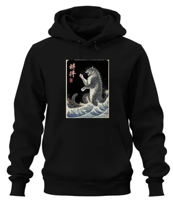 Obrázek produktu pro Mikina s kapucí "Kampfkatze Ukiyoe Meereswellen", japonský vintage design, černá, velikost XL