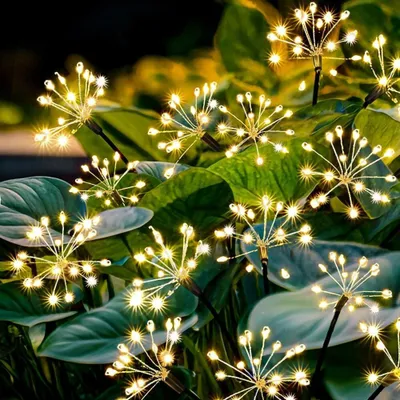Produktbild von ROSNEK Solar-Gartenleuchte Löwenzahn, 2er Set, Warmweiß, 120 LEDs (6 flexible Kupferdraht-Zweige), 8 Lichtmodi, IP44 Wasserdicht, 600mAh Akku, 8-12h Leuchtdauer, 70cm Höhe, aus Eisen & Kunststoff. Für Garten, Terrasse, Außen.