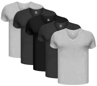 Produktbild von BRUBAKER 5er Pack Herren Unterhemd mit V-Neck - Kurzarm T-Shirt - V-Ausschnitt - aus hochwertiger Baumwolle (glatt) - Extra Lang - ohne Seitennähte - 1x Schwarz, 2x Anthrazit, 2x Hellgrau - Größe S