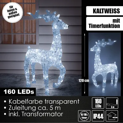 Produktbild von XXL LED Acryl Hirsch Weihnachtsfigur 120cm beleuchtet Weihnachtsdeko Außen & Innen Kaltweiß