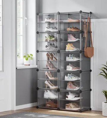 Obrázek produktu pro Botník – regál – 10 přihrádek – šedá barva – rozměry 32 x 83 x 156 cm – materiál: plast a ocel