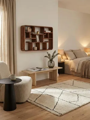 Großes Design-Hängeregal aus Holz, von oben fotografiert, zeigt die Anordnung der Fächer und die Integration in ein stilvolles Interieur mit Couchtisch._#sku_SAFWL6.529#