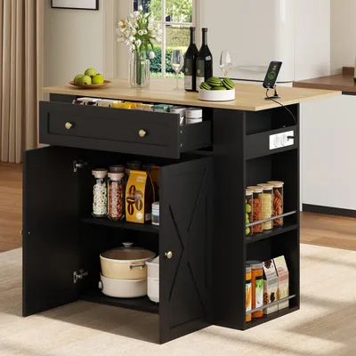 Obrázok produktu pre Kuchynský ostrov MODFU s výklopnou pracovnou doskou, kuchynská skrinka so zásuvkou a USB portom, barový stôl/kuchynský stôl, 120 x 47–75 x 97 cm, čierna farba