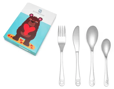 Kinderbesteck 4-teilig Bär mit Herz, Edelstahl 18/10, silber