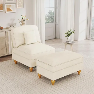Produktbild von Loungesessel mit Ottomane aus Chenille im Cloud-Sofa-Design, tiefe Sitzfläche, abnehmbarer Volantbezug, Relaxsessel für Wohnzimmer und Leseecke, Weiß