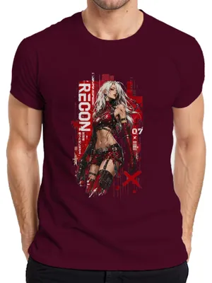 Zdjęcie produktu dla T-shirt męski, motyw: anime, dziewczyna, manga, Japonia, "waifu", cyberpunk, taktyka, styl Y2K, dla fanów anime, kolor: burgundowy, rozmiar: 3XL