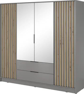 Produktbild von Kleiderschrank mit Spiegel 200 cm Fioro - Schrank vom Hersteller, Schlafzimmerschrank - Drehtürenschrank mit Lamellen, 4 Tür (Grau)