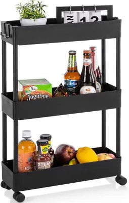 Immagine prodotto di Carrello a tre ruote, carrello a 3 ripiani per cucina, modello stretto per bagno e ufficio, 40 x 13 x 67 cm, nero