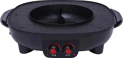 Image de Grill électrique et hot pot - Multicuiseur 2 en 1 - 2000 W - Revêtement antiadhésif - Pour 5 à 6 personnes - Réglage précis de la température - Couvercle en verre - Noir
