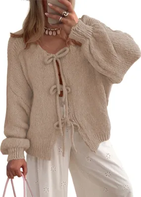 Image de ASKSA Cardigan en tricot Femme Boucles sur le devant Pull à manches bouffantes Automne Hiver Pull à front ouvert Outwear décontracté (Abricot,XL)