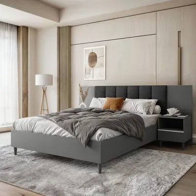 Produktbild von Polsterbett LECTUS 160x200cm - Designerbett mit Bettkasten, Lattenrost & zwei Nachttischen - Graphit & Schwarz (Jasmine 100)