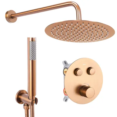 Image de Set De Douche Lungo Or Brossé + Thermostat + Boîte