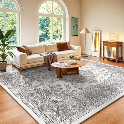 Immagine prodotto di Tappeto per soggiorno, 200 x 290 cm, grigio, lavabile, pelo corto, stile vintage, antiscivolo