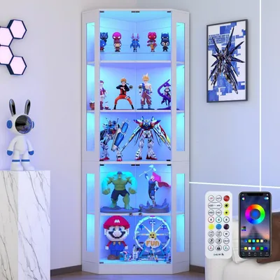 Obrázek produktu pro Skleněná vitrína s LED osvětlením, výška 205 cm, bílá barva, 5 polic z tvrzeného skla