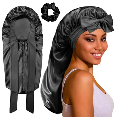 Imagen del producto de Gorro de seda para dormir con goma elástica ajustable, transpirable, talla M, ideal para cabello rizado