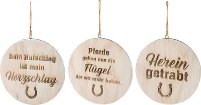 Image de Gilde Hänger, rund, "Pferdeliebe", Hufeisenmotiv, Spruch, Holz, naturfarben, H. 37 cm, D. 24 cm 44421 4063387444214 3 Stück (3-fach sortiert)