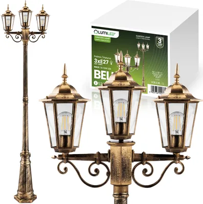 Produktbild von LUMILED 3-ramenný vintage lampáš na cestu 230V 2,09m nastaviteľná výška, patina, hliníkové sklo 3x zásuvka E27 IP44 záhrada