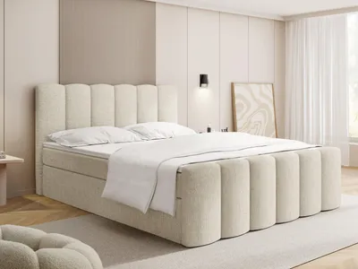 Produktbild von Boxspringbett mit Bettkasten – Polsterbett 200 x 200 cm mit H4 Taschenfederkern 7-Zonen Matratze & 5 cm Topper – Stauraumbett Serenity mit Hohem Kopfteil & Gepolstertem Fußteil – Creme Chenille