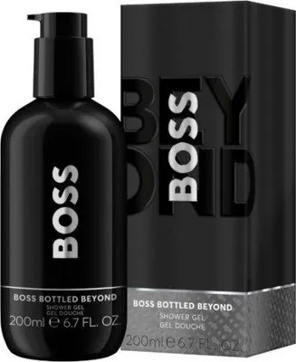 A black bottle of BOSS BOTTLED BEYOND shower gel and its packaging are shown against a black background.