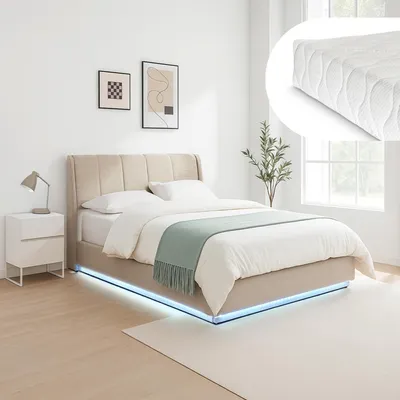 Produktbild von LED Polsterbett 'Tröstiar' mit Bettkasten und Matratze Leinen 160 x 200 cm Beige