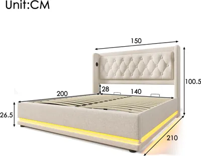 A diagram of a bed with dimensions and features indicated.