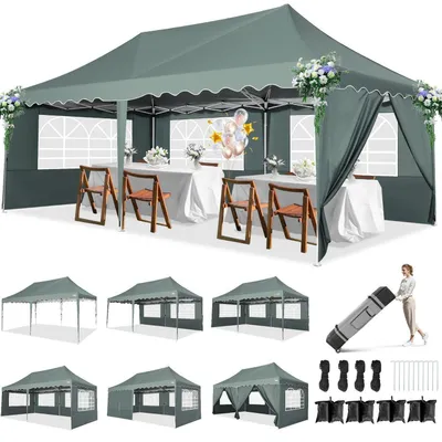 Produktbild von Faltpavillon 3x6m Grau Wasserdicht Stabil mit 6 Seitenwänden, UV-Schutz 50+, inkl. Tasche mit Rollen