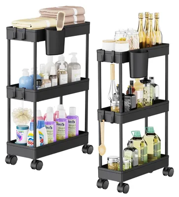 Image de Chariot de rangement à 3 niveaux avec roulettes, peu encombrant, étroit, chariot de salle de bain mobile, chariot multifonction minimaliste pour la salle de bain et la cuisine, noir