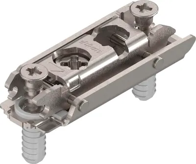 A close-up studio shot of a metal cabinet hinge component.
