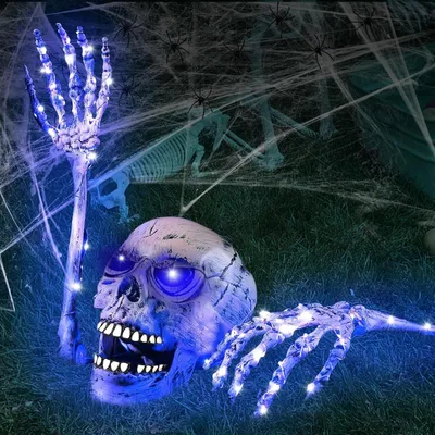 Immagine prodotto di Set di teschi scheletrici - Mani scheletriche luminose - Decorazioni per Halloween - Decorazioni spaventose per feste - Teschi realistici - Perfette per case stregate
