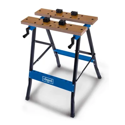 A workbench with two wooden tops and black metal legs, set against a white background.