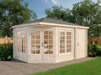 Produktbild von Alpholz 5-Eck Gartenhaus Josephine 452x312cm mit Anbau Natur 40mm Wandst.