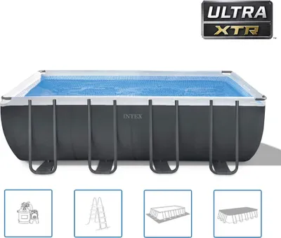 A rectangular above-ground swimming pool with a solar cover, supported by a metal frame. Several smaller images below show accessories and setup diagrams.