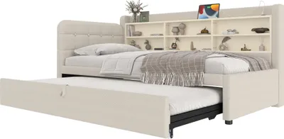 Immagine prodotto di okwish Divano letto 90/180x200 senza materasso, Daybett con letto estraibile e griglia, Daybed con USB e Type-C, beige