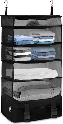 Produktbild von 5 Schicht Koffer Organizer zum Aufhängen Packwürfel Kompression Faltbar Handgepäck Organizer für Reisen Oxford Kompressionstaschen Packwürfel für Koffer und Reisegepäck Großer Haken Schwarz