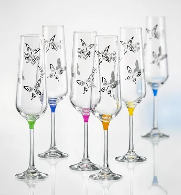 Produktbild von Sektgläser Bohemia Kristallglas Sektkelch Butterfly, Mehrfarbig mit Schmetterlingen, 200 ml, 6er Set