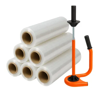 Produktbild von Stretchfolien Abroller Profi Orange + 6 Rollen 2,5 kg Stretchfolie 23 my (transparent)