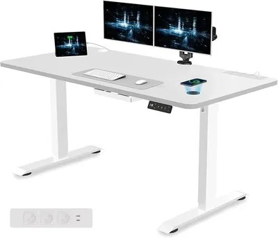 Imagen del producto de Escritorio de altura ajustable de 140x70 cm con toma de corriente y puerto USB, color blanco