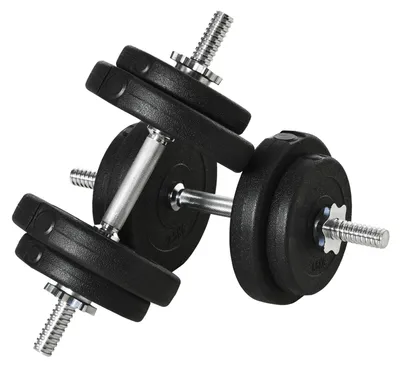 Produktbild von 20-kg-Hantelset (4 x 2,5-kg-Scheiben und 4 x 1,5-kg-Scheiben) mit 8 Scheiben und 2 x 2-kg-Hanteln, 43 x 18 x 7,5 cm, schwarz