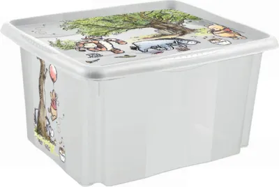 A clear, studio shot of a translucent gray storage box with a lid featuring a Winnie the Pooh illustration.