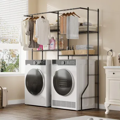 Produktbild von Lagerregale für Waschmaschine und Trockner, 4-stufiges Standregal mit Kleiderstange und Haken, verstellbare Regale für die Organisation
